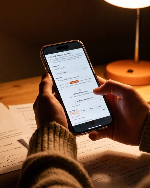 Hände halten ein Handy mit Struct über Vorlesungsfolien und Notizen